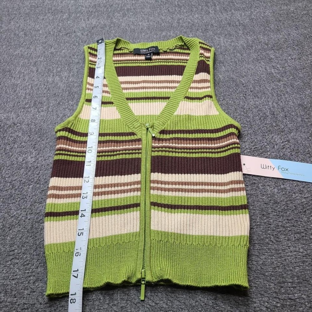 Witty Fox Sweater Vest Women Medium Green Striped New Zip Up Ribbed Knit Top - Picture 2 of 7